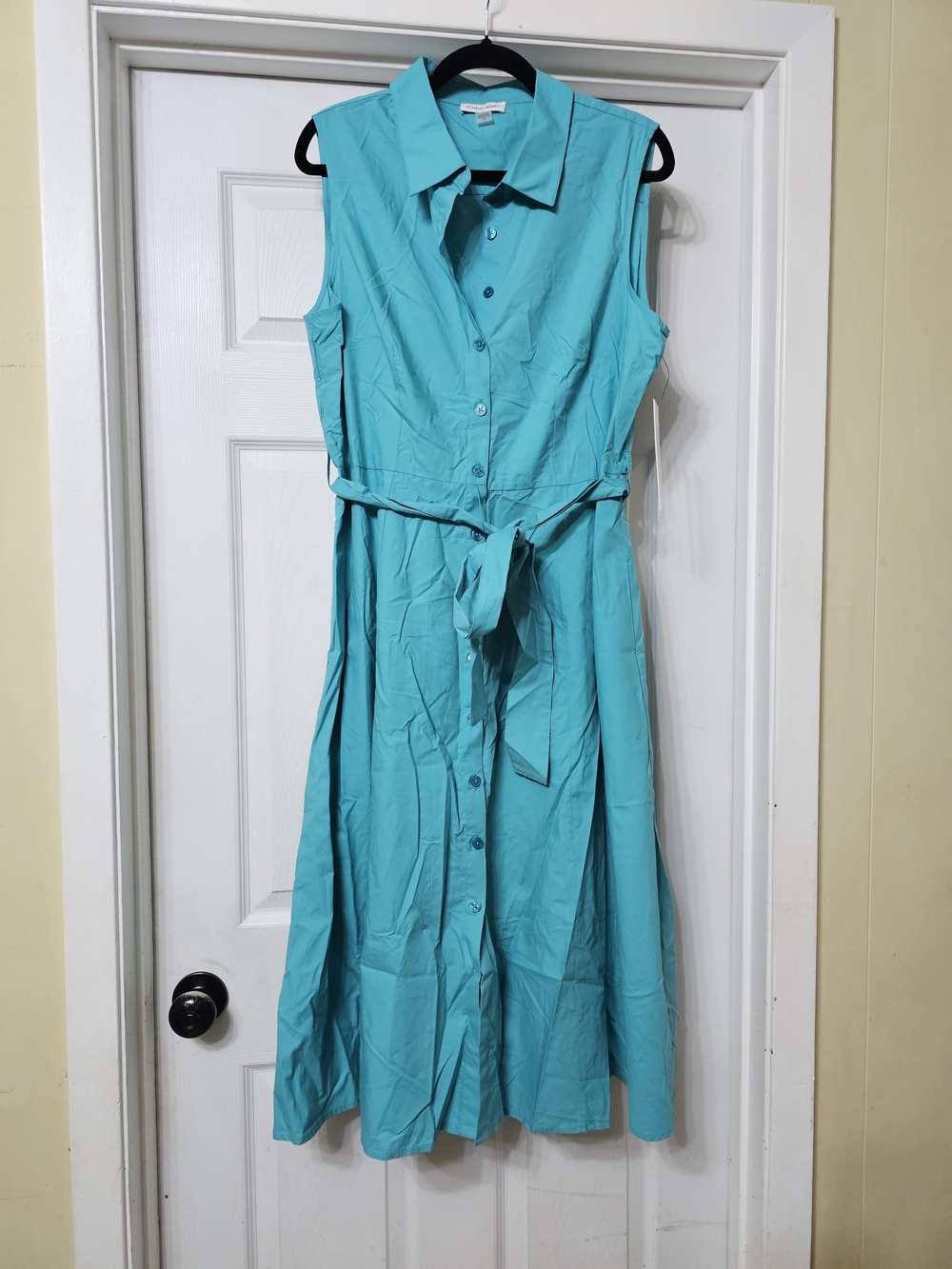 Calvin Klein Sleeveless Turquoise Button-Front Maxi Dress with Waist Tie